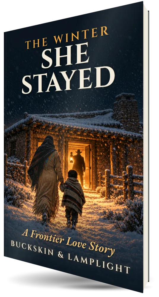The Winter She Stayed, a frontier love story, shown as a book